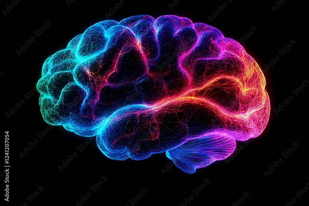 Poster glowing multicolored brain outline on black background shows neural connections and brain activity p