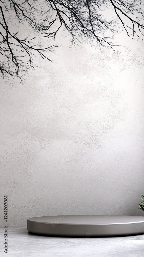 Poster a minimalist setting featuring a circular platform and bare branches against a neutral wall, evoking