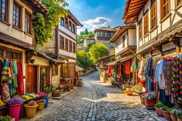 Fototapeta premium Safranbolu Turkey: Old Bazaar Street, Historical Ottoman Architecture, Colorful Houses, Traditional Turkish Market