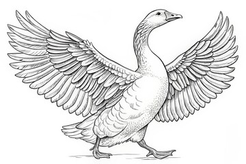 Fototapeta premium farm theme, Illustration of a goose with wings spread in a graceful pose. outline for coloring.