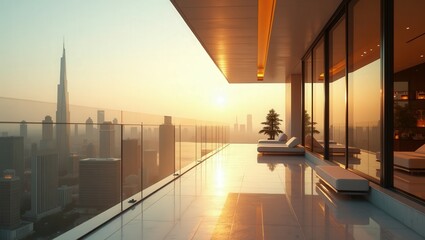 Futuristic design of modern Balcony On a Sunny day, cinematic photography