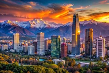 Fototapeta premium Santiago Chile Skyline, Modern Cityscape, South American Architecture, Panoramic View, Dramatic Sunset