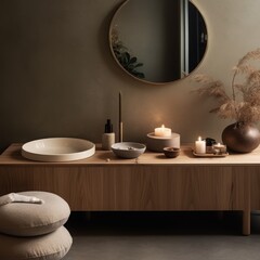 Minimalist Bathroom Sanctuary:  A serene and minimalist bathroom interior bathed in soft lighting, featuring a sleek white sink, a round mirror, a wooden vanity, candles, and plush cushions.