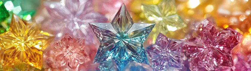 Rainbow Star Crystals Sparkle Brightly, Shimmering with Vivid Hues and Brilliant Facets. Festive Gems.