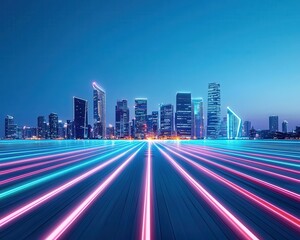 Obraz premium Night view of a glowing smart city with streets lit by renewable energy solutions