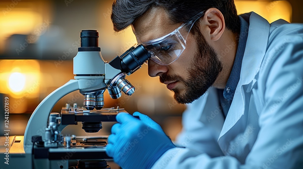 Poster scientist using a microscope in a laboratory setting