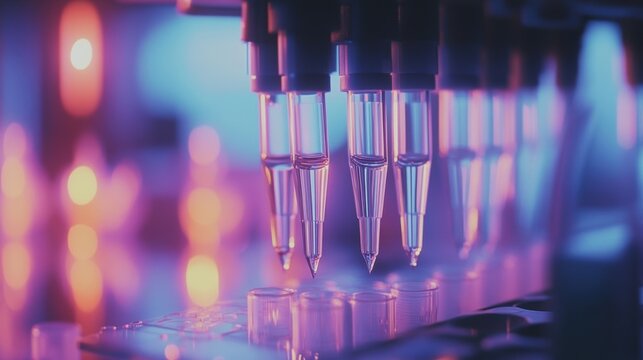 A closeup of multichannel pipetting tips in a sterile environment surrounded by vials of reagents and buffers emphasizing the meticulous preparation steps prior to the antibody production
