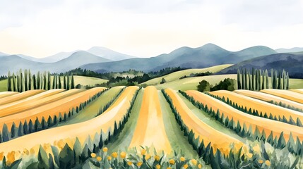 Fototapeta premium Expansive Solar Farm Landscape in Watercolor Style