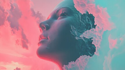Fototapeta premium Dreamlike Face Emerging From Pink And Teal Clouds