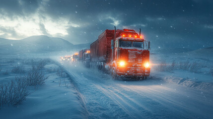 A convoy of trucks crossing a snowy plateau, their bright lights reflecting on icy terrain