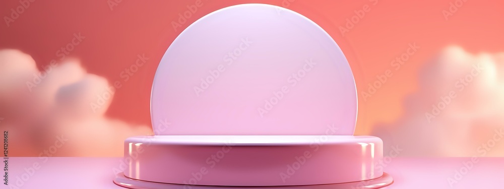 Poster minimalist pink podium display with soft glowing sphere against dreamy coral sky and clouds backgrou