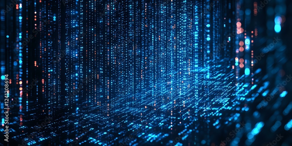 Poster digital matrix rain with glowing blue binary code streams falling on dark background, representing c