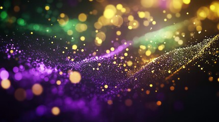 Obraz premium A vibrant display of colorful bokeh lights in purple, green, and gold, creating a festive and celebratory atmosphere.
