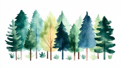 Fototapeta premium Lush Watercolor Landscape with Vibrant Evergreen Forest and Verdant Foliage Depicting Nature