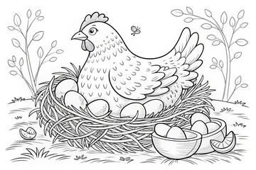 Fototapeta premium farm theme, Chicken sitting in a nest with eggs, surrounded by nature. outline for coloring.