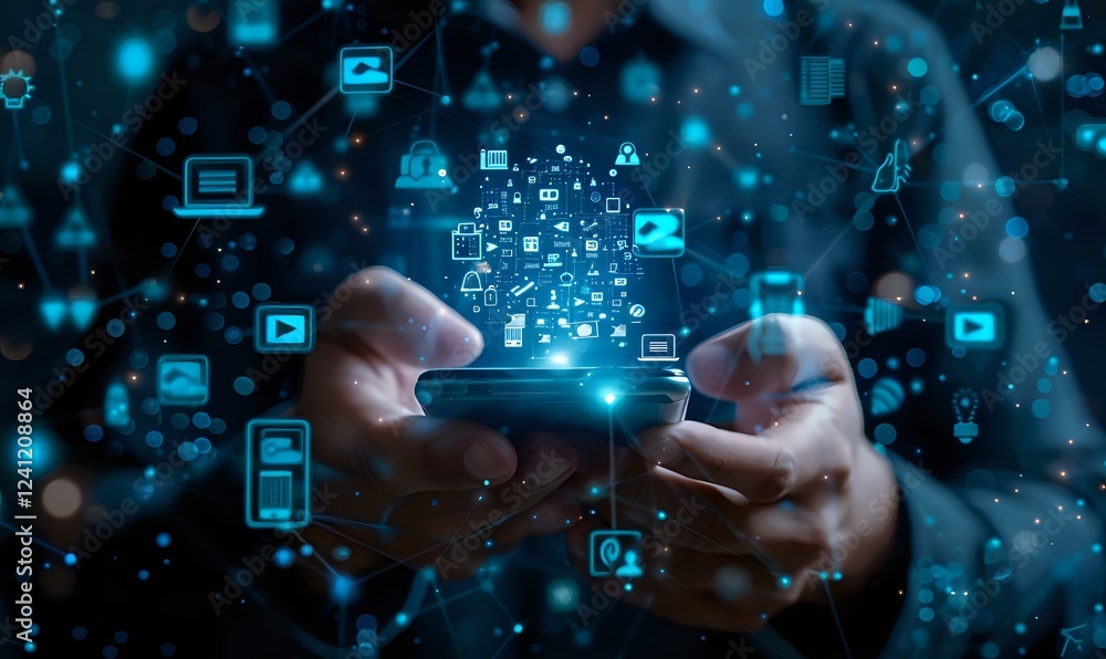 Aufkleber hands holding smartphone with glowing digital icons floating in dark space, representing mobile tech