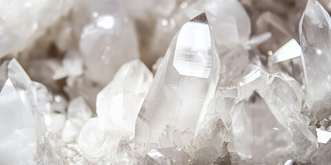 White quartz crystal stone background with translucent layers and high-gloss reflective surface.