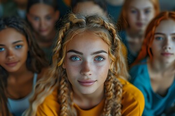Young woman with braided blonde hair and bright blue eyes wearing yellow sweater smiles at camera, surrounded by diverse group of female friends in soft lighting.