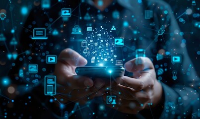Hands holding smartphone with glowing digital icons floating in dark space, representing mobile technology and social media connectivity for business concept.