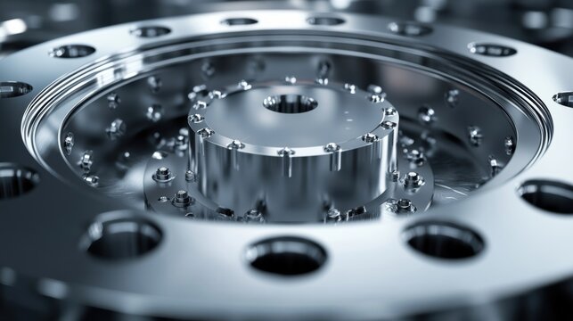 Closeup view of an electron microscopes vacuum chamber revealing the polished interior surface and the array of sensors and detectors that capture highcontrast images of the specimen