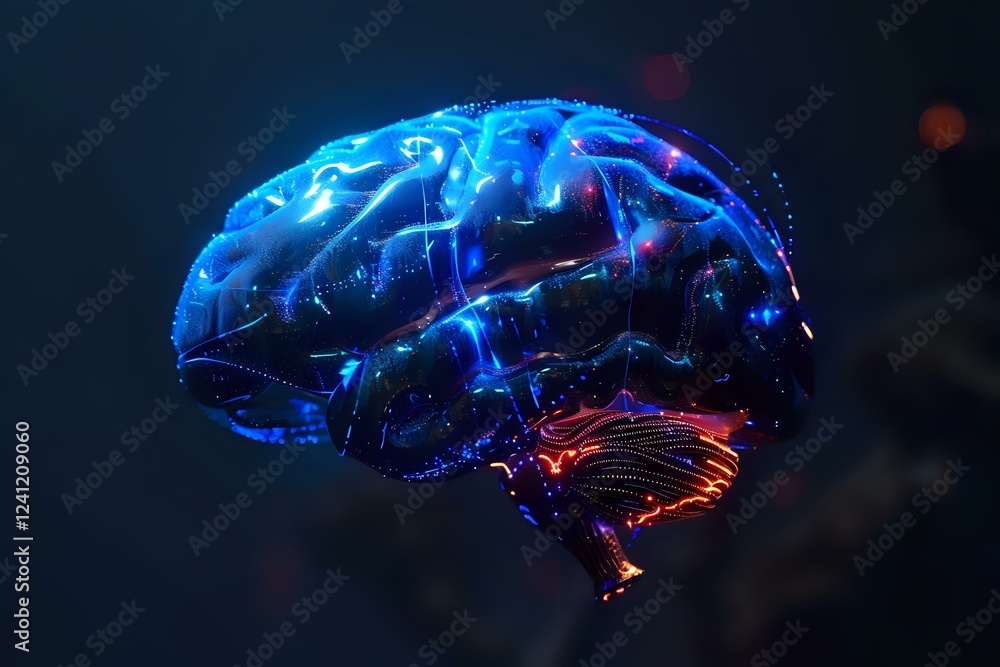 Poster glowing blue and red neural network in shape of human brain against dark background illustrates arti