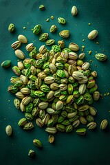 Fresh roasted pistachio nuts scattered on dark green background, top view composition with natural lighting and texture for food photography.