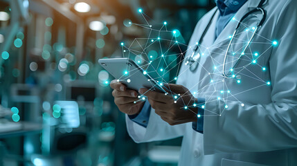Medical professional in white coat using digital tablet with glowing network visualization overlay, representing healthcare technology advancement in turquoise tones.