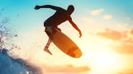 Surfer Leaping into Crashing Waves at Sunset