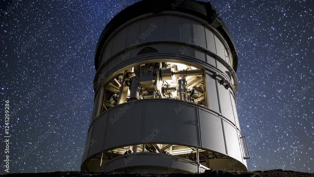 Poster Nighttime view of observatory under a starry sky with advanced telescopes and equipment