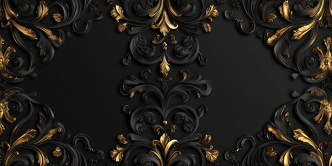 Matte black with elegant golden ornament details, sophisticated baroque luxury background