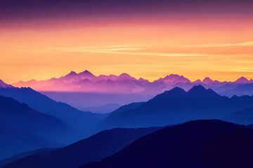 mountain landscape at sunset, where the sky fades into vibrant oranges and purples, creating a harmonious blend with the majestic peaks silhouetted against the light