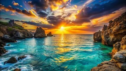 Fototapeta premium Serene Coastal Silhouette: Turquoise Water & Rocky Cliffs - Nature's Harmony