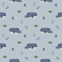 Whale cartoon so cute. On seaweed fish jellyfish background. Pattern seamless vector illustration. 
