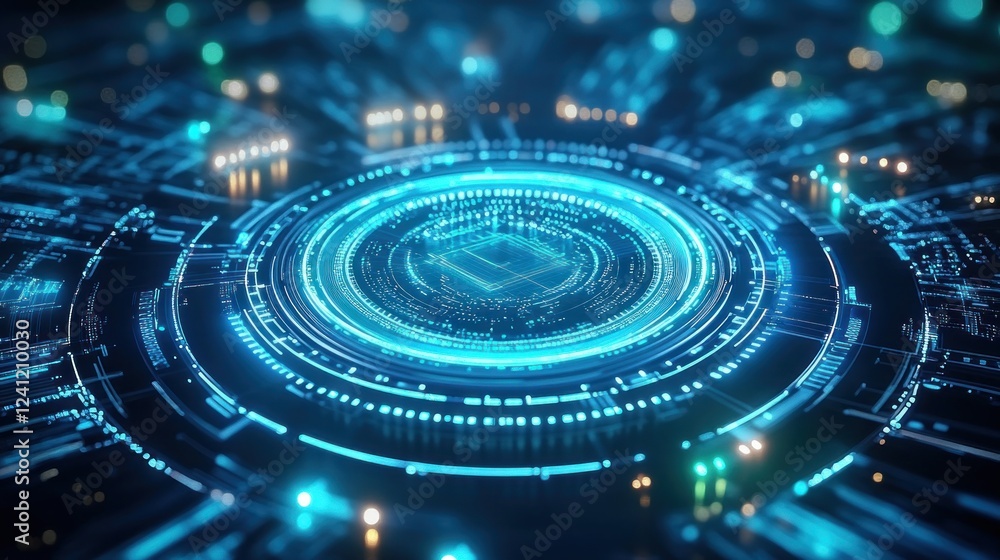 Poster abstract futuristic circuit design with glowing neon blue lines and circular elements