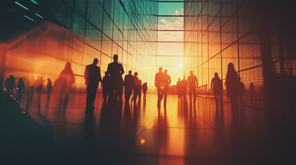 Fototapeta premium Group of business people silhouettes in modern office building and business network concept. Human resources with pastel innovation charts and graphs with statistics to analyze business