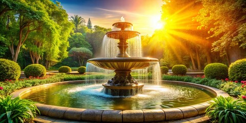 Serene Fountain Water Feature -  Relaxing Outdoor Space with Copy Space