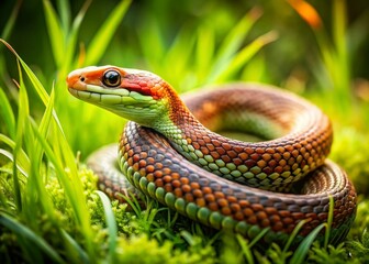 Obraz premium Serene Green Snake in Grass, Peaceful Reptile in Nature, Wildlife Stock Photo