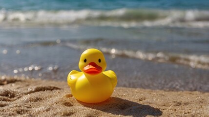 Toy Yellow Duck, Yellow rubber duck floating in water and resting on the beach, Close-up picture of yellow rubber duck toy on beach background