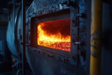 Fototapeta premium Fiery Interior View of a Biomass Boiler During Combustion Process with Bright Flames and Intense Heat