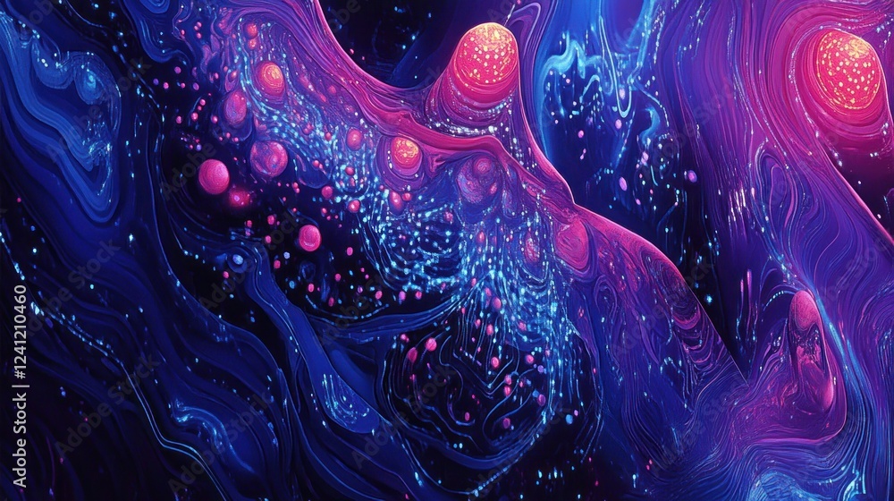 Poster abstract futuristic design featuring interconnected circles and flowing lines with bright highlights