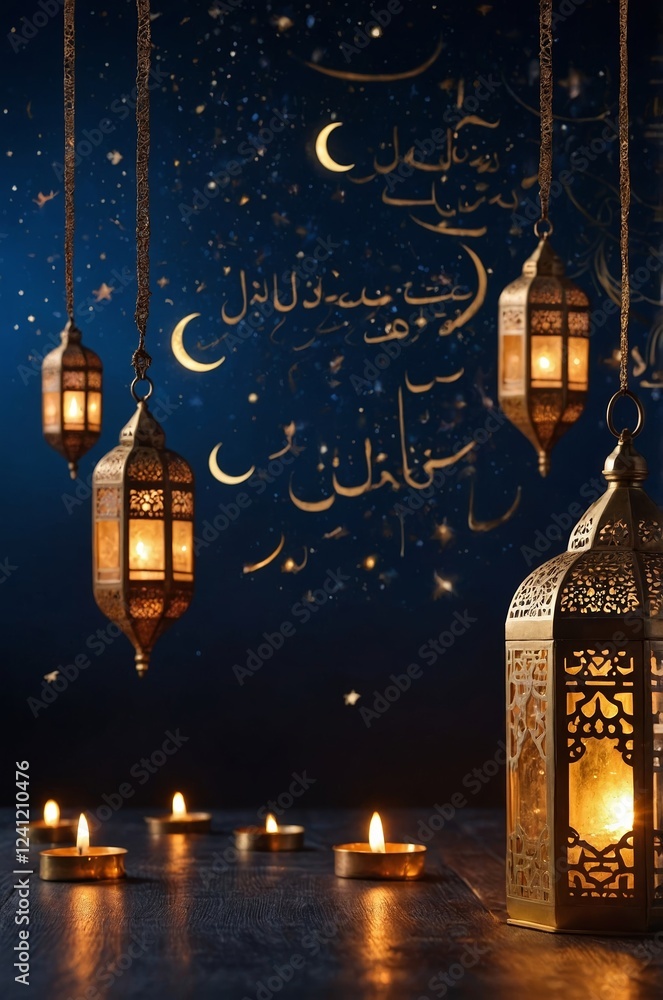 Poster decorative lanterns illuminate a serene evening with calligraphy and candles in a tranquil setting
