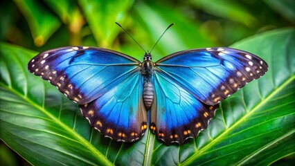 Stunning Blue Morpho Butterfly on Lush Green Leaf - Rule of Thirds Composition