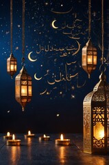 Fototapeta premium Decorative lanterns illuminate a serene evening with calligraphy and candles in a tranquil setting