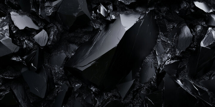 Dark obsidian stone background with glossy black glass-like surface, sharp and dramatic.