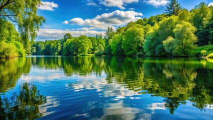 Fototapeta premium A serene reflection of nature with a clear water ripple on a calm lake surface, surrounded by lush greenery and towering trees , reflection, clear water