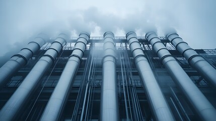 Industrial-Scale Distillation Columns in Water Treatment Plant with Visible Steam and Chemical