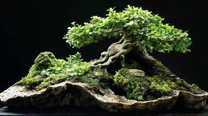 A beautifully shaped bonsai tree with lush green foliage, showcasing intricate artistry and nature's elegance.