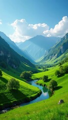 Obraz premium Rolling hills of emerald green, with a meandering river, pyrenees mountains, mountains