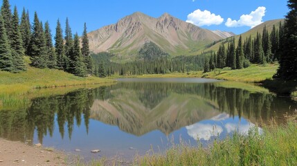 Stunning Mountain Reflection on Calm Lake Surrounded by Pine Trees