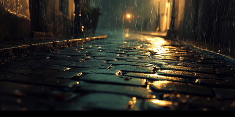Rain-drenched stone path background with glistening wet cobblestones, moody and atmospheric.